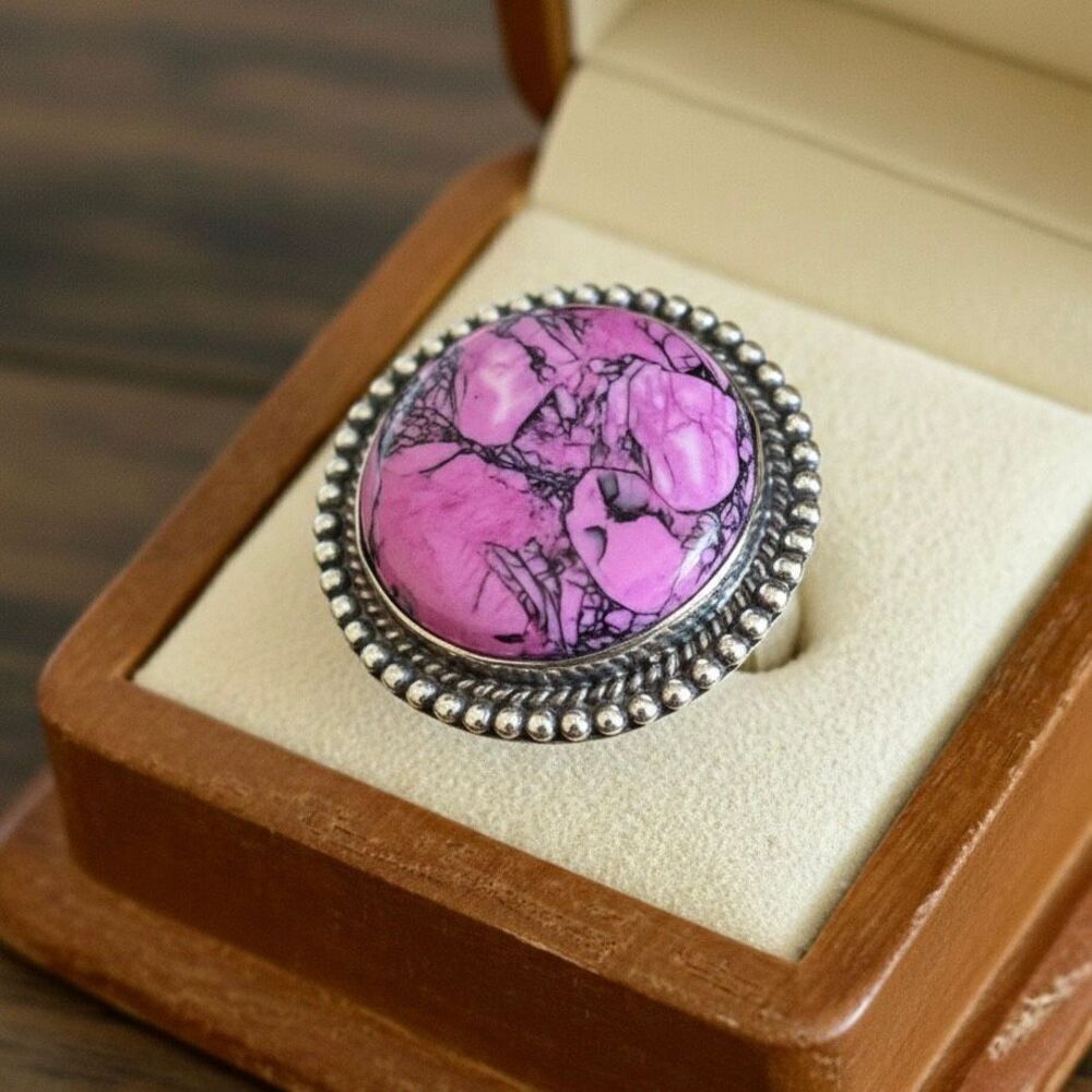 Pink Cherry Blossom Turquoise Statement Silver Ring - Large Cabochon Boho Size 6 - Picture 2 of 7